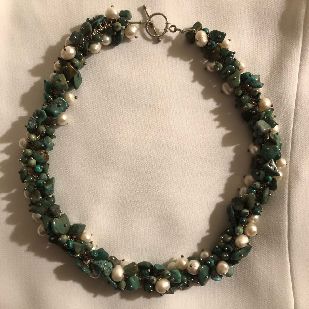 16inch real pearls and green turquoise necklace